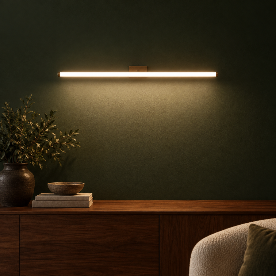 Applique Luna horizontale lumière blanche au-dessus d'un lit – ambiance chambre moderne