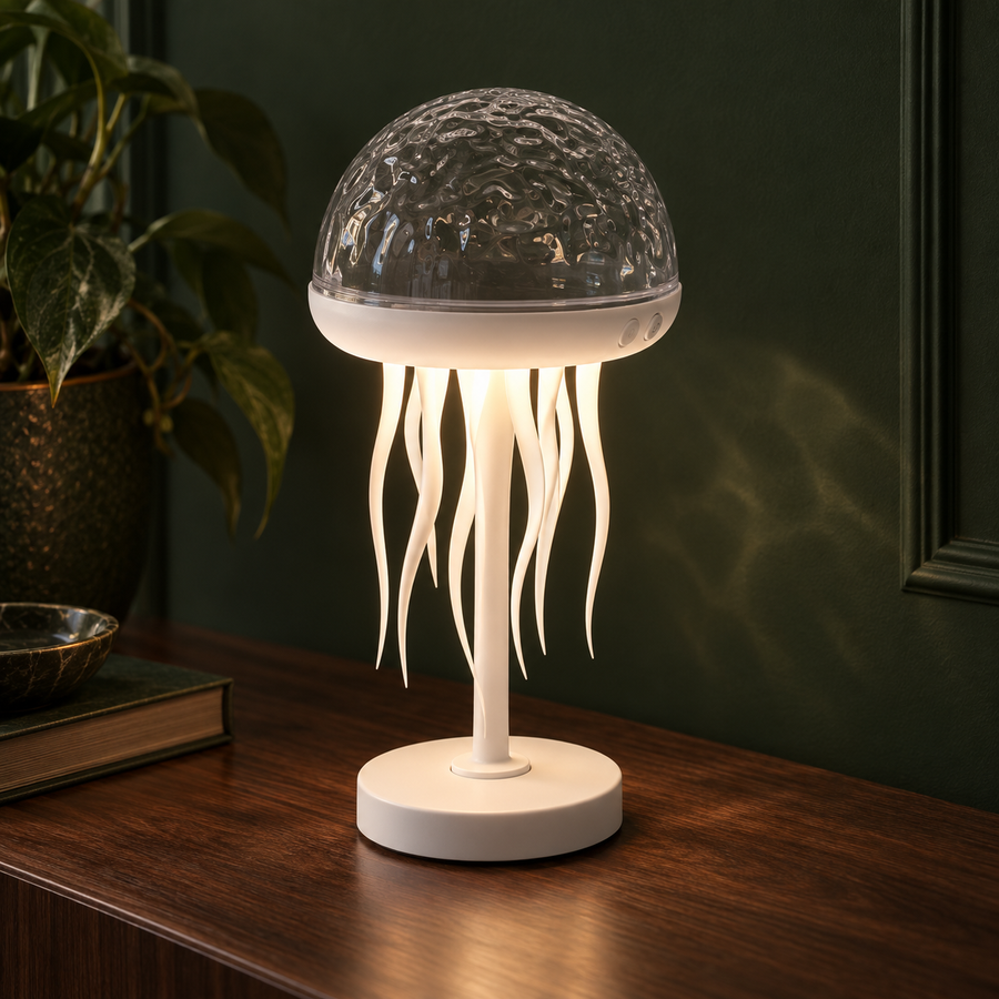 Lampe Médusa allumée lumière chaude sur table en bois – ambiance salon